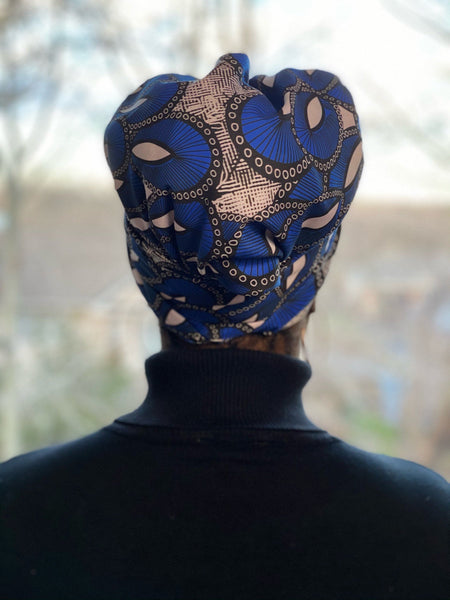 Blue Ankara Satin-Lined Headwrap