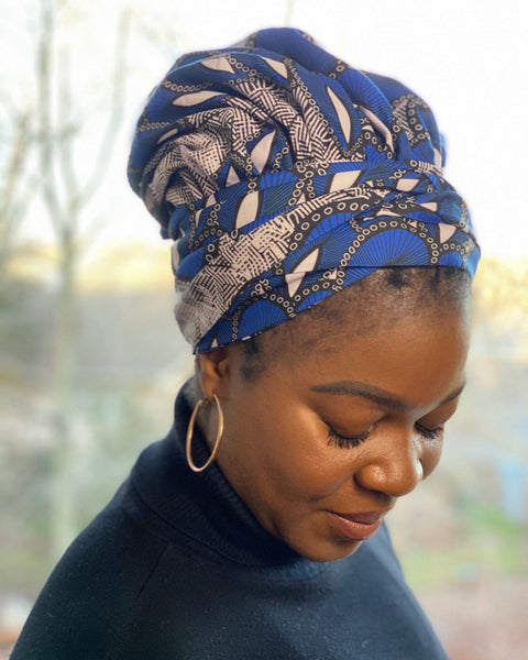 Blue Ankara Satin-Lined Headwrap